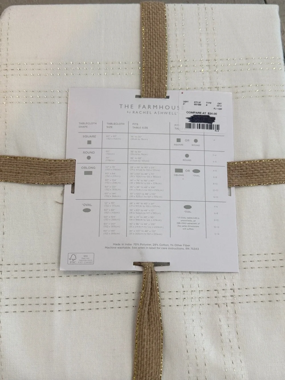 The Farmhouse by Rachel Ashwell Off White with Gold Accent Round Tablecloth, 70